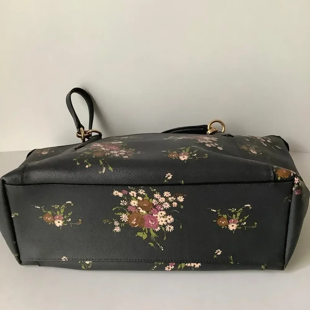 Coach Ava Crossgrain Leather Tote Bag Midnight Blue Delicate Floral Bundle Print